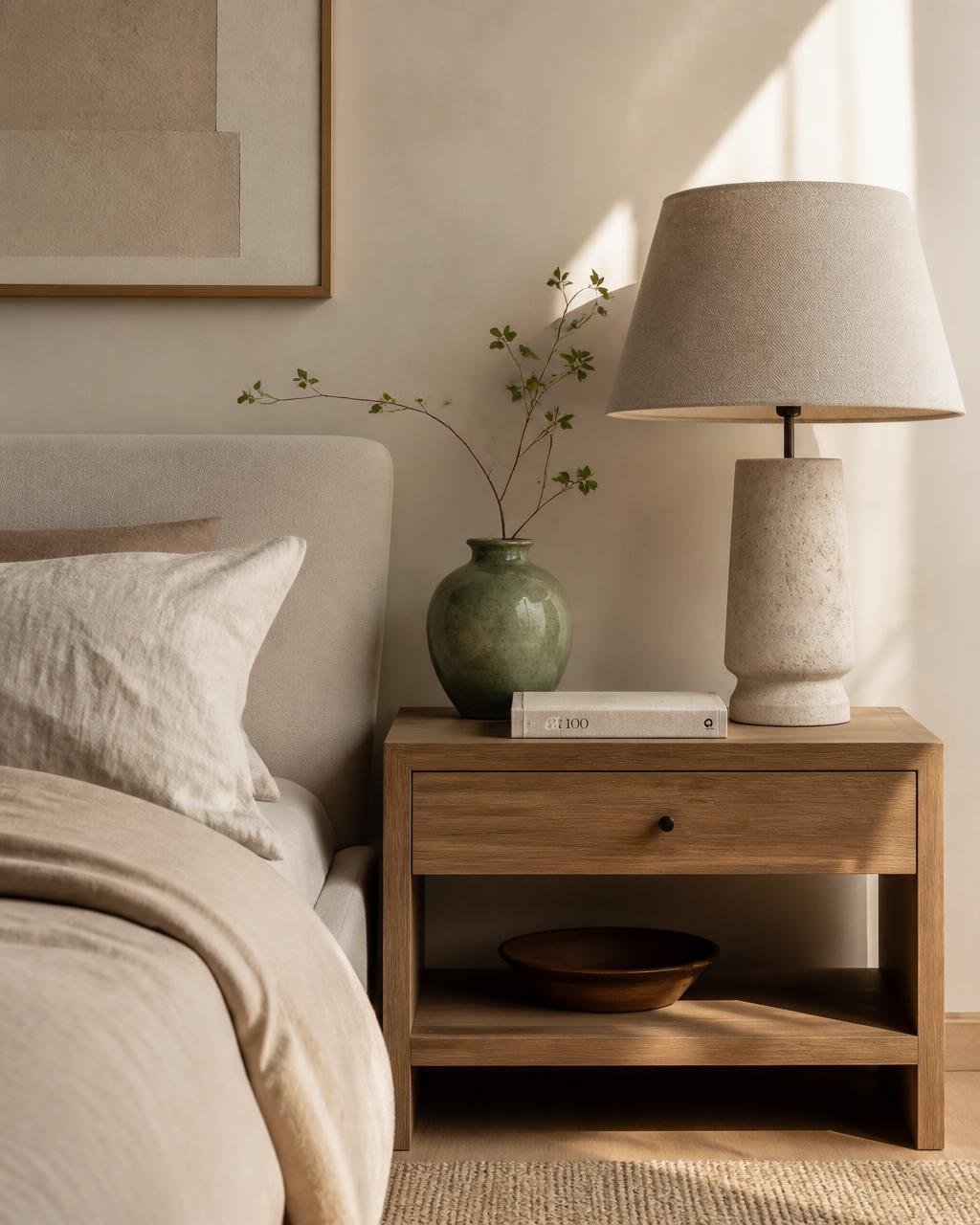 Morning light across linen bedding, an oak bedside table and a travertine lamp