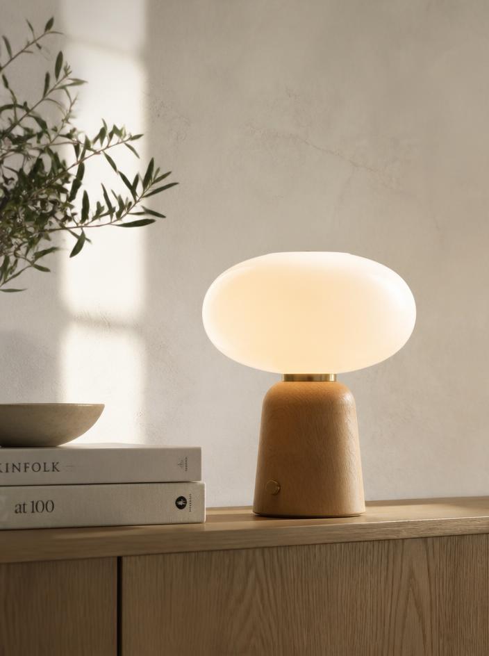 Opal glass table lamp with oak base